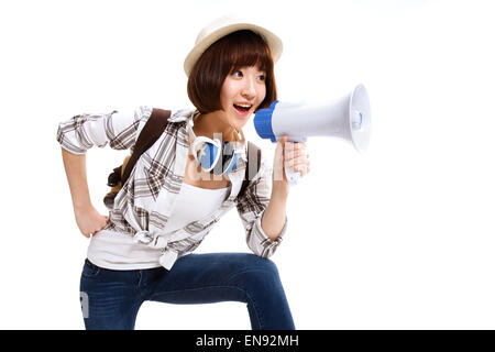 The young woman holding a megaphone Stock Photo