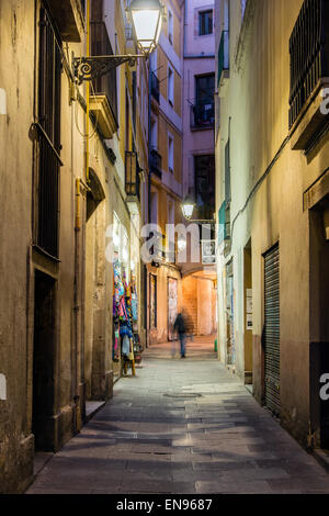 Night view of a narrow street in the medieval district of Barrio Gotico or Barri Gotic, Barcelona, Catalonia, Spain Stock Photo