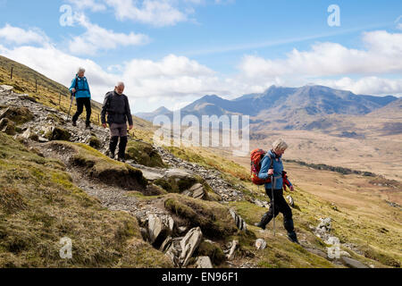Hikers walking down hill on path from Moel Siabod to Capel Curig with view to Snowdon Horseshoe in Snowdonia National Park (Eryri) Wales UK Stock Photo