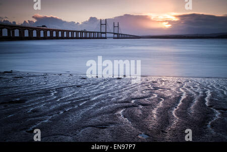 Sunset over the M4 Severn Road Bridge, spanning the Severn Estuary between England & Wales Stock Photo