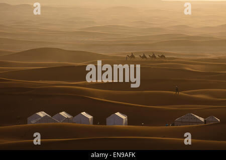 Campsite, tent, Haima. Sand, dunes, Erg Chegaga, Sahara, desert, Africa, Morocco Stock Photo