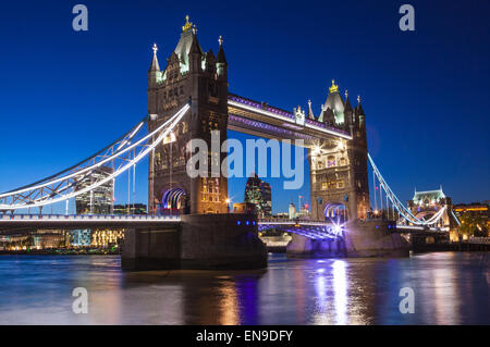 A night-time view of Tower Bridge and the River Thames in London. Stock Photo