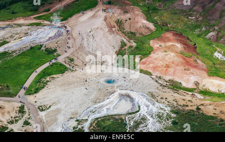 Aerial view of Strokkur Geyser about to erupt, Iceland. Stock Photo
