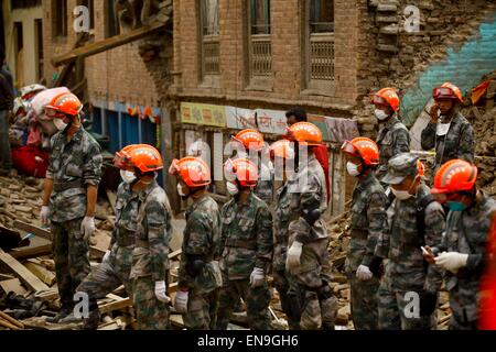 Sankhu, Nepal. 30th Apr, 2015. Rescuers work on debris in Sankhu on the outskirts of Kathmandu, Nepal, April 30, 2015. Members of rescue teams from China and Nepal made joint effort to find victims. Credit:  Pratap Thapa/Xinhua/Alamy Live News Stock Photo