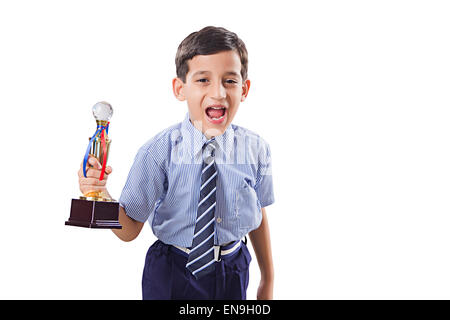 1 indian kids boy School Student Victory Trophy Stock Photo