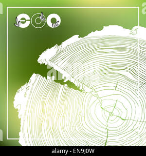 ECO poster with logo and Annual tree growth rings, grayscale drawing of cross-section on blurred background. Vector illustration Stock Photo