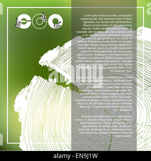 ECO poster with logo and Annual tree growth rings, grayscale drawing of cross-section on blurred background and place for text. Stock Photo