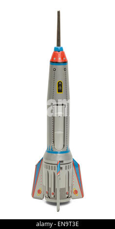 Silver Toy Tin Rocket Isolated on White Background. Stock Photo