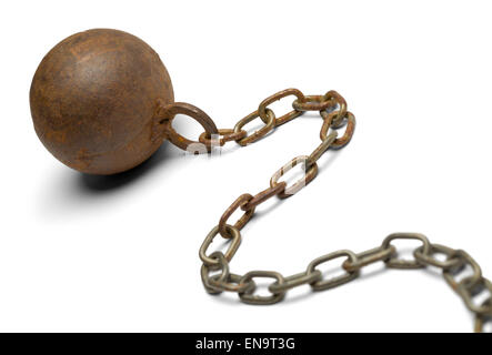 Old Rusty Ball and Chain Isolated on White Background. Stock Photo