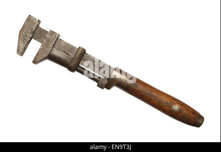 Large Old Wrench with Wood Handle Isolated on White Background. Stock Photo