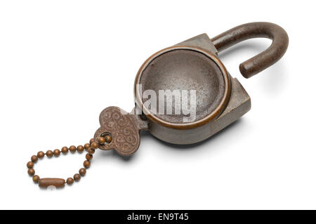 Old Open Padlock with Key Isolated on White Background. Stock Photo