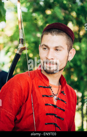 MINSK - JUL 19: Warrior participant of VI festival of medieval culture 'Our Grunwald', dedicated to 604 anniversary of Battle of Stock Photo