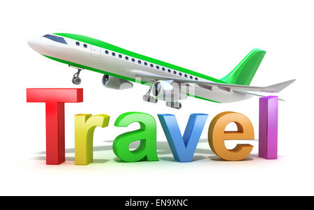 Travel word concept with plane isolated on white. My own design Stock Photo