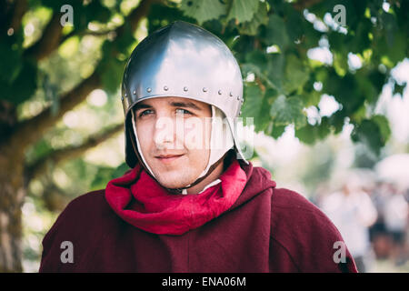 MINSK - JUL 19: Warrior Knight participant of VI festival of medieval culture 'Our Grunwald', dedicated to 604 anniversary of Ba Stock Photo