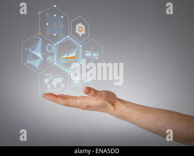 close up of male hand showing virtual screen Stock Photo