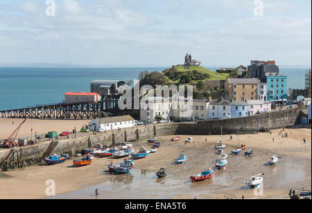 Tenby harbour beach and the new and old lifeboat stations, Pembrokeshire, Wales, United Kingdom Stock Photo