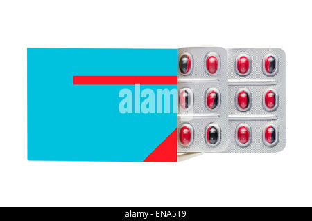 Blue box with red pills in a blister pack on white background Stock Photo