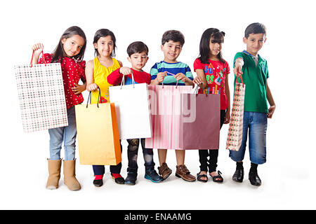 indian Kids groups Friends Bag Shopping Stock Photo