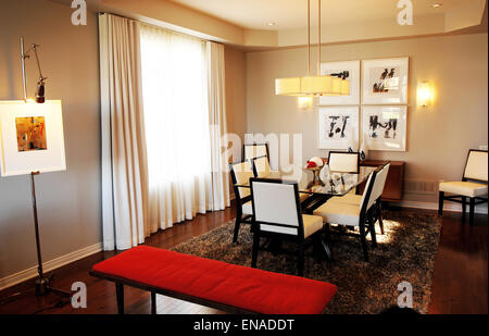 A modern nice living room with wood floor in a model home in Ottawa, Canada. Stock Photo