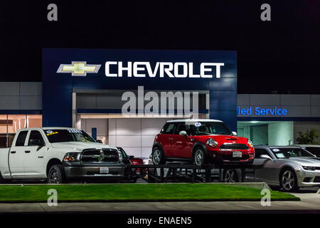 A Chevrolet dealership in Modesto California at night Stock Photo