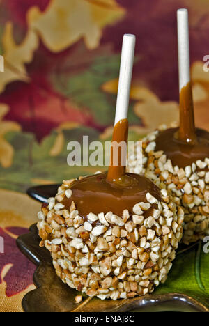 Close up of a caramel apple covered with nuts. Stock Photo