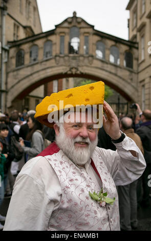 FILE PHOTOS: Oxford, Oxfordshire, UK. 1st May, 2014. Oxford May Day. Man with cheese on head. Mike Breakell is the Charlbury Morris Fool. Antony Moore/Oxford Mail/Alamy Features . Stock Photo