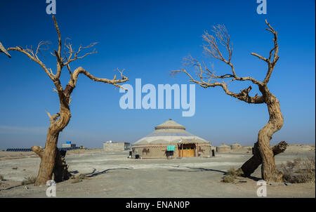 Mongolian yurt framed by two trees near Yardan Geological Park in Gansu Province, China. Stock Photo