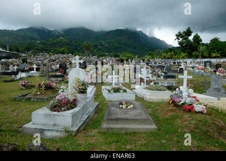 The Bel Air Cemetery oldest historic site on the western outskirts of Victoria in Mahe Island in the Republic of Seychelles. The cemetery was the first official burial ground to be opened on Mahe soon after the establishment of the French settlement in the late 18th century and contain the remains of some of the islands most famous personalities. Stock Photo