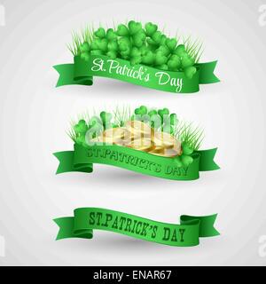 Vector illustration Set of Saint Patrick Day Banner with clover and coins Stock Vector
