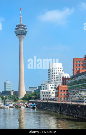 Modern Office buildings and Rhein Tower, Media Harbour, Düsseldorf, North Rhine Westphalia, Germany Stock Photo