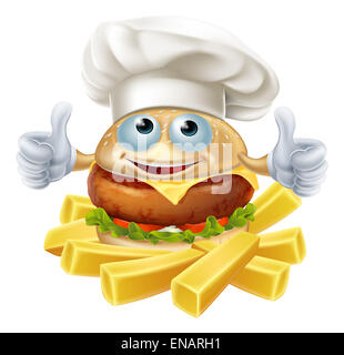 Cartoon chef burger mascot character and French fries or chips Stock Photo