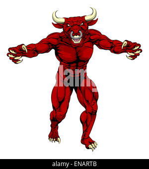 A mean tough muscular red bull sports mascot character advancing with claws out Stock Photo