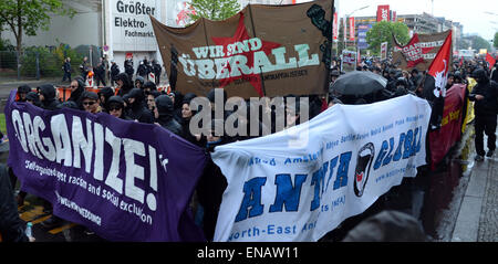 Berlin, Germany. 30th Apr, 2015. Leftist groups demonstrate through the streets during the traditional Walpurgis Night in Berlin, Germany, 30 April 2015. Around 2,500 people took part in the peaceful rally. Photo: Britta Pedersen/dpa/Alamy Live News Stock Photo