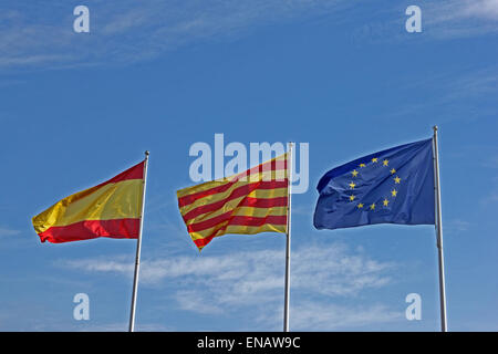 Catalan, Spanish and European Union flags. Stock Photo