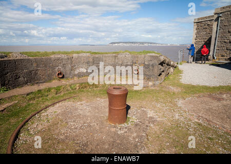 The site of an artillery gun at Brean Down Fort near Weston-Super-Mare (seen in the distance) in Somerset, UK. Stock Photo