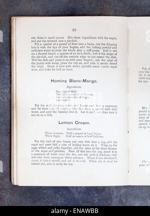 Hominy Blancmange Blanc-mange Lemon Cream recipes from Plain Cookery Recipe Book by Mrs Charles Clarke Stock Photo