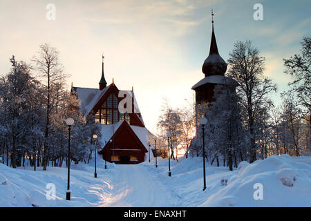 Wooden church in Winter with snow in Kiruna, Sweden Stock Photo