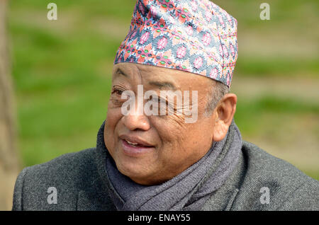 Old Nepalese man (retired Gurkha) wearing a Dhaka topi - traditional Nepalese hat Stock Photo