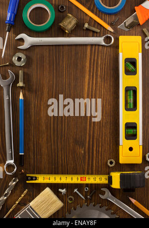 set of tools and instruments on wooden background Stock Photo