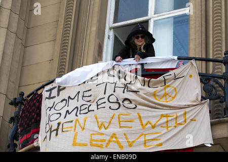 Liverpool, Merseyside, 1st May, 2015. Homeless Demonstrators or Love Activists occupying Liverpool bank building in Castle Street vow to lock themselves in the vault if bailiffs try to evict them. In new tactics today Merseyside Police issue Dispersion Orders to sympathisers providing food and water to the occupiers of the old Bank. Love Activists are resisting a planned eviction from a historic former Liverpool city centre building which they turned into an illegal homeless shelter.  Credit:  Mar Photographics/Alamy Live News Stock Photo