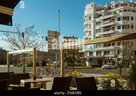 View hotel Maria Cristina and Victoria Eugenia theater from the terrace of a bar in San Sebastian, Donostia, Pais Vasco, Spain. Stock Photo