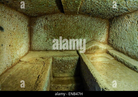 Interior view of a Chamber Tomb at the Etruscan Necropolis of La Banditaccia, Cerveteri, Rome, Italy Stock Photo
