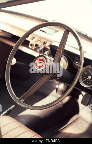 Ford 100E Escort Estate, interior shot of dash including steering wheel. Stock Photo