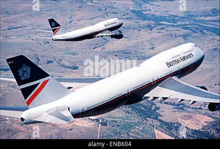 British Airways first  Boeing 747 400's City of Cardiff and City of London fly in formation over Washington state USA close to the Boeing Commercial Airplane plant at Everett, near Seattle. Stock Photo