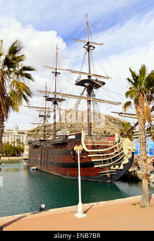 Replica of the 18th Century Spanish War Ship 'Santsima Trinidad' on the quayside in Alicante Harbour Stock Photo