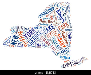 Word Cloud shaped like the state of New York showing the cities in the state of New York Stock Photo