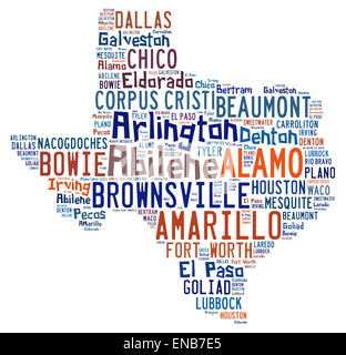 Word cloud shaped like Texas with the names of cities found in Texas Stock Photo