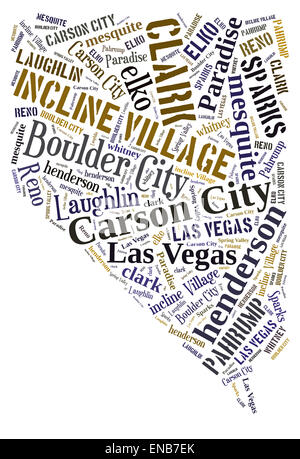 Word Cloud in the shape of Nevada showing some of the cities in the state Stock Photo