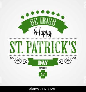 Happy Saint Patrick's Day Lettering Card. Typographic With Ornaments,  Ribbon and Clover Stock Vector