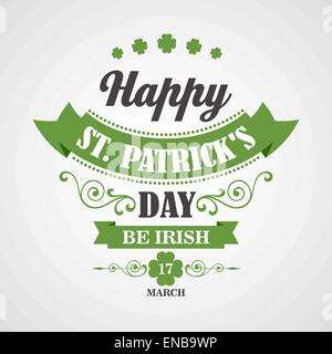 Happy Saint Patrick's Day Lettering Card. Typographic With Ornaments,  Ribbon and Clover Stock Vector